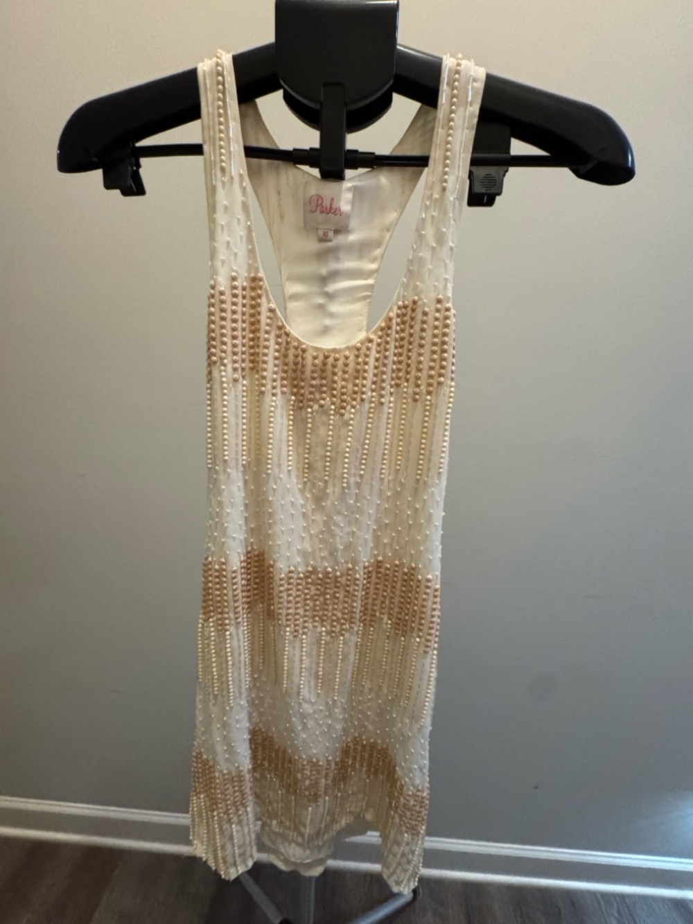 Parker Cream and Tan Beaded Mini Dress with a Racerback Design